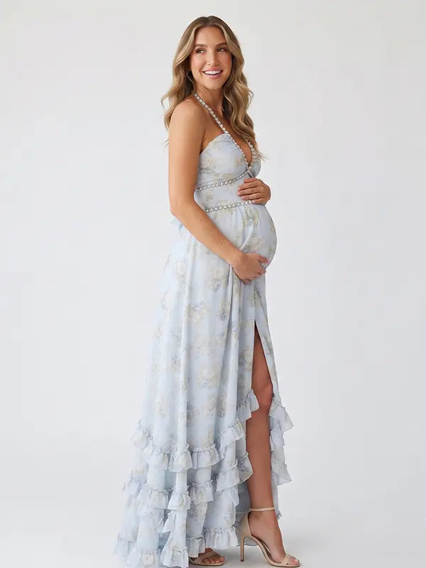 Ice Blue Pearl Halter Maternity Dress, Princess Baby Shower Maternity Maxi Dress for Baby Shower, Maternity Photoshoot, Gender Reveal, Pregnancy Announcement, Luxury Photoshoot, Bridal Shower, Formal Events | Bumplook