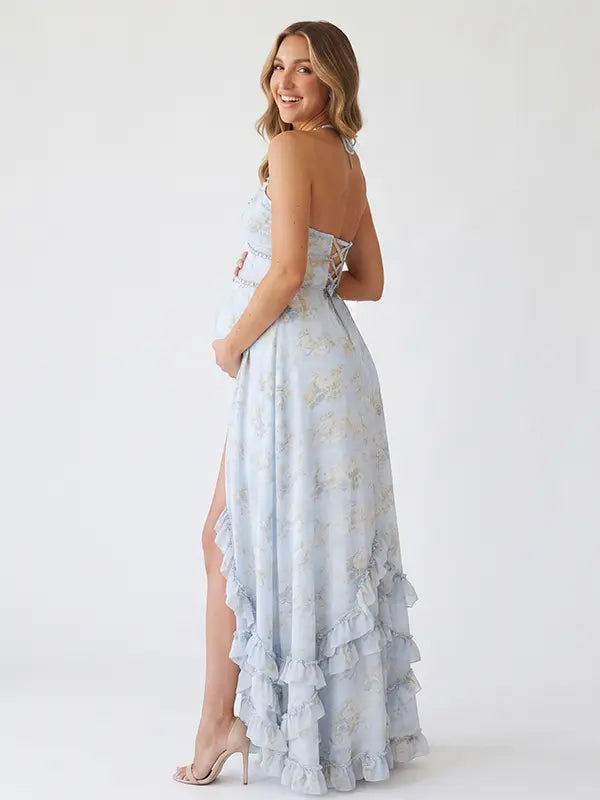 Ice Blue Pearl Halter Maternity Dress, Princess Baby Shower Maternity Maxi Dress for Baby Shower, Maternity Photoshoot, Gender Reveal, Pregnancy Announcement, Luxury Photoshoot, Bridal Shower, Formal Events | Bumplook