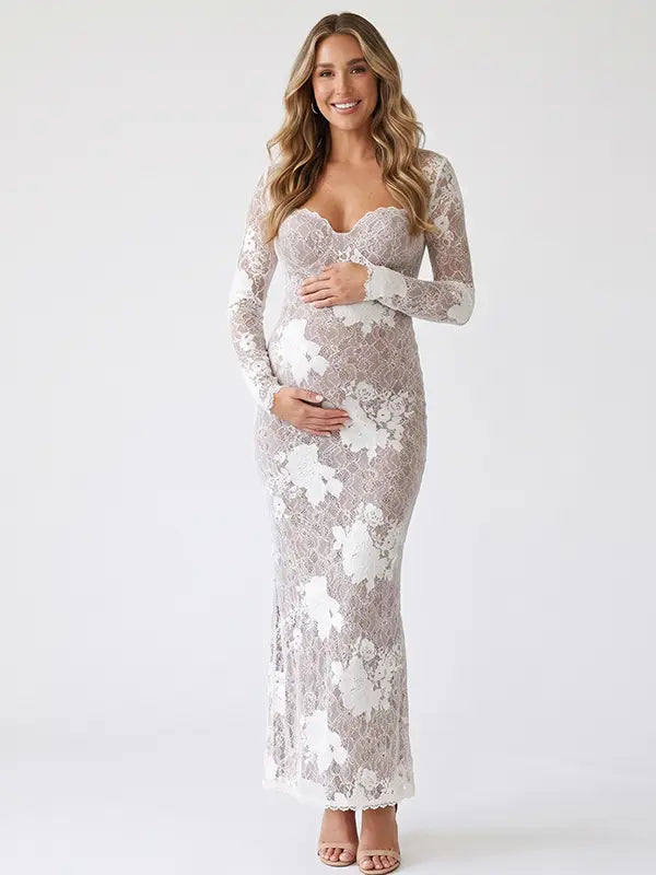 Ivory Floral Lace Maternity Dress for Photoshoot, Baby Shower & Bridal