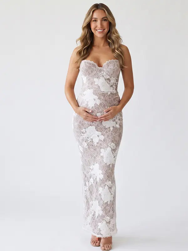 Ivory 3D Floral Lace Sweetheart Maternity Maxi Dress with Detachable Sleeves for Maternity Photoshoot, Baby Shower, Pregnancy Announcement, Fine Art Portrait and Bridal Style | Bumplook