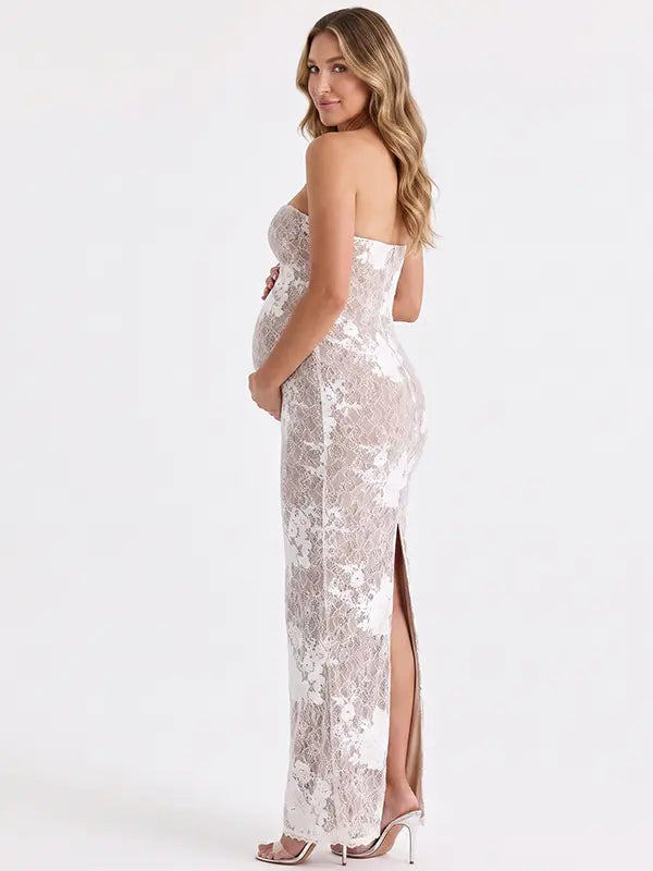 Ivory 3D Floral Lace Sweetheart Maternity Maxi Dress with Detachable Sleeves for Maternity Photoshoot, Baby Shower, Pregnancy Announcement, Fine Art Portrait and Bridal Style | Bumplook
