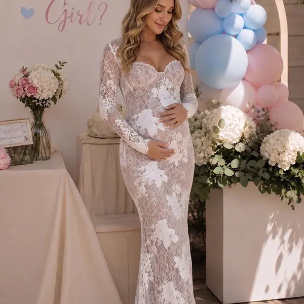 Ivory 3D Floral Lace Sweetheart Maternity Maxi Dress with Detachable Sleeves for Maternity Photoshoot, Baby Shower, Pregnancy Announcement, Fine Art Portrait and Bridal Style | Bumplook