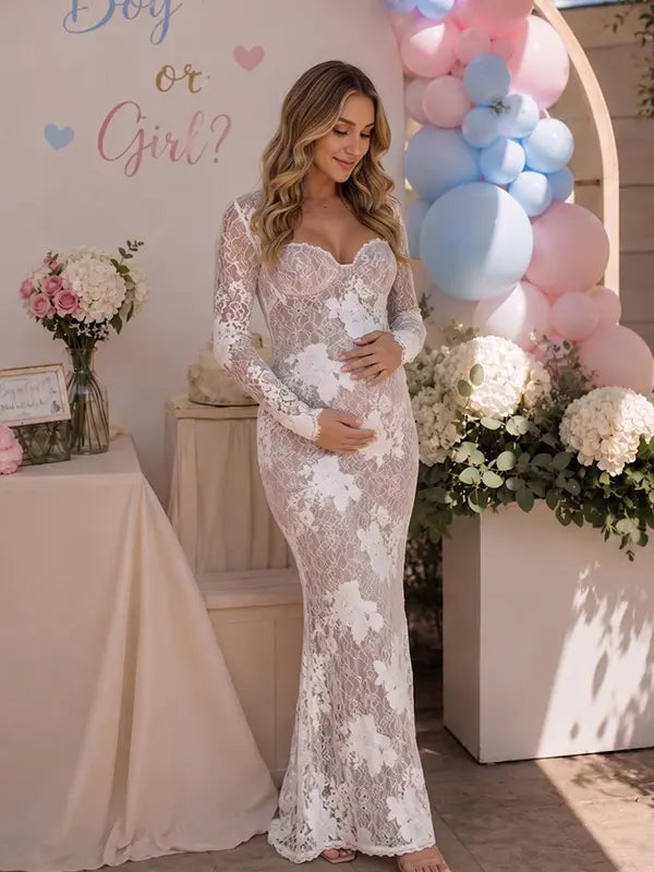 Ivory 3D Floral Lace Sweetheart Maternity Maxi Dress with Detachable Sleeves for Maternity Photoshoot, Baby Shower, Pregnancy Announcement, Fine Art Portrait and Bridal Style | Bumplook
