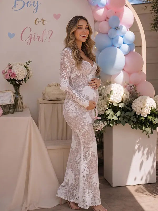 Ivory 3D Floral Lace Sweetheart Maternity Maxi Dress with Detachable Sleeves for Maternity Photoshoot, Baby Shower, Pregnancy Announcement, Fine Art Portrait and Bridal Style | Bumplook