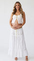 Ivory Boho Lace Two Piece Maternity Photoshoot Outfit Featuring a Tie Front Crop Top and Flowing Tiered Maxi Skirt for Boho Pregnancy Photography, Beach Maternity Sessions and Pregnancy Announcements | Bumplook
