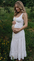 Ivory Boho Lace Two Piece Maternity Photoshoot Outfit Featuring a Tie Front Crop Top and Flowing Tiered Maxi Skirt for Boho Pregnancy Photography, Beach Maternity Sessions and Pregnancy Announcements | Bumplook