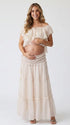 Ivory Boho Off Shoulder Two Piece Maternity Maxi Skirt Set with Ruffle Top for Baby Shower, Beach Maternity Photoshoot, Pregnancy Announcement, Babymoon and Gender Reveal | Bumplook