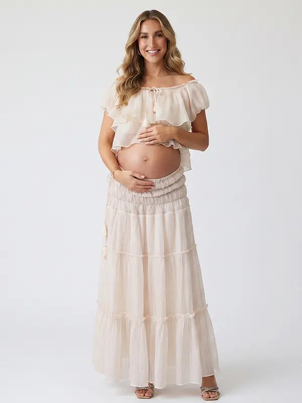 Ivory Boho Off Shoulder Two Piece Maternity Maxi Skirt Set with Ruffle Top for Baby Shower, Beach Maternity Photoshoot, Pregnancy Announcement, Babymoon and Gender Reveal | Bumplook