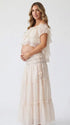 Ivory Boho Off Shoulder Two Piece Maternity Maxi Skirt Set with Ruffle Top for Baby Shower, Beach Maternity Photoshoot, Pregnancy Announcement, Babymoon and Gender Reveal | Bumplook