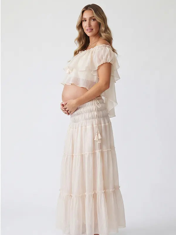 Ivory Boho Off Shoulder Two Piece Maternity Maxi Skirt Set with Ruffle Top for Baby Shower, Beach Maternity Photoshoot, Pregnancy Announcement, Babymoon and Gender Reveal | Bumplook