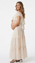 Ivory Boho Off Shoulder Two Piece Maternity Maxi Skirt Set with Ruffle Top for Baby Shower, Beach Maternity Photoshoot, Pregnancy Announcement, Babymoon and Gender Reveal | Bumplook