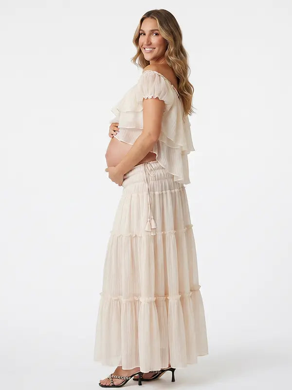 Ivory Boho Off Shoulder Two Piece Maternity Maxi Skirt Set with Ruffle Top for Baby Shower, Beach Maternity Photoshoot, Pregnancy Announcement, Babymoon and Gender Reveal | Bumplook
