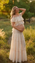 Ivory Boho Off Shoulder Two Piece Maternity Maxi Skirt Set with Ruffle Top for Baby Shower, Beach Maternity Photoshoot, Pregnancy Announcement, Babymoon and Gender Reveal | Bumplook