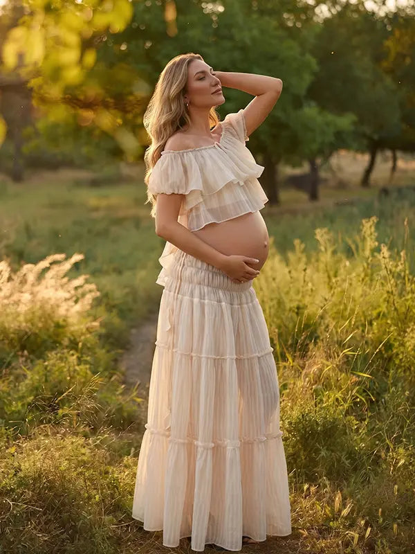Ivory Boho Off Shoulder Two Piece Maternity Maxi Skirt Set with Ruffle Top for Baby Shower, Beach Maternity Photoshoot, Pregnancy Announcement, Babymoon and Gender Reveal | Bumplook