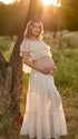 Ivory Boho Off Shoulder Two Piece Maternity Maxi Skirt Set with Ruffle Top for Baby Shower, Beach Maternity Photoshoot, Pregnancy Announcement, Babymoon and Gender Reveal | Bumplook