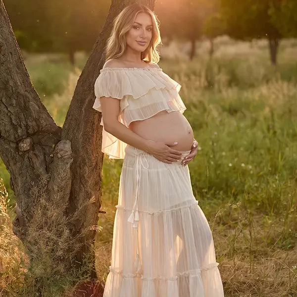 Ivory Boho Off Shoulder Two Piece Maternity Maxi Skirt Set with Ruffle Top for Baby Shower, Beach Maternity Photoshoot, Pregnancy Announcement, Babymoon and Gender Reveal | Bumplook