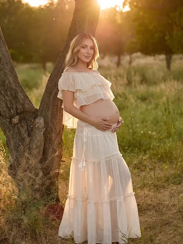 Ivory Boho Off Shoulder Two Piece Maternity Maxi Skirt Set with Ruffle Top for Baby Shower, Beach Maternity Photoshoot, Pregnancy Announcement, Babymoon and Gender Reveal | Bumplook