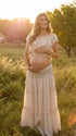 Ivory Boho Off Shoulder Two Piece Maternity Maxi Skirt Set with Ruffle Top for Baby Shower, Beach Maternity Photoshoot, Pregnancy Announcement, Babymoon and Gender Reveal | Bumplook