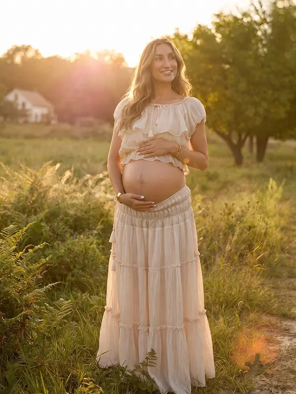 Ivory Boho Off Shoulder Two Piece Maternity Maxi Skirt Set with Ruffle Top for Baby Shower, Beach Maternity Photoshoot, Pregnancy Announcement, Babymoon and Gender Reveal | Bumplook