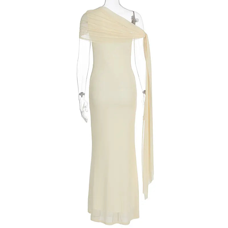 Ivory Draped Mesh One Shoulder Maternity Mermaid Gown with Flowing Sash