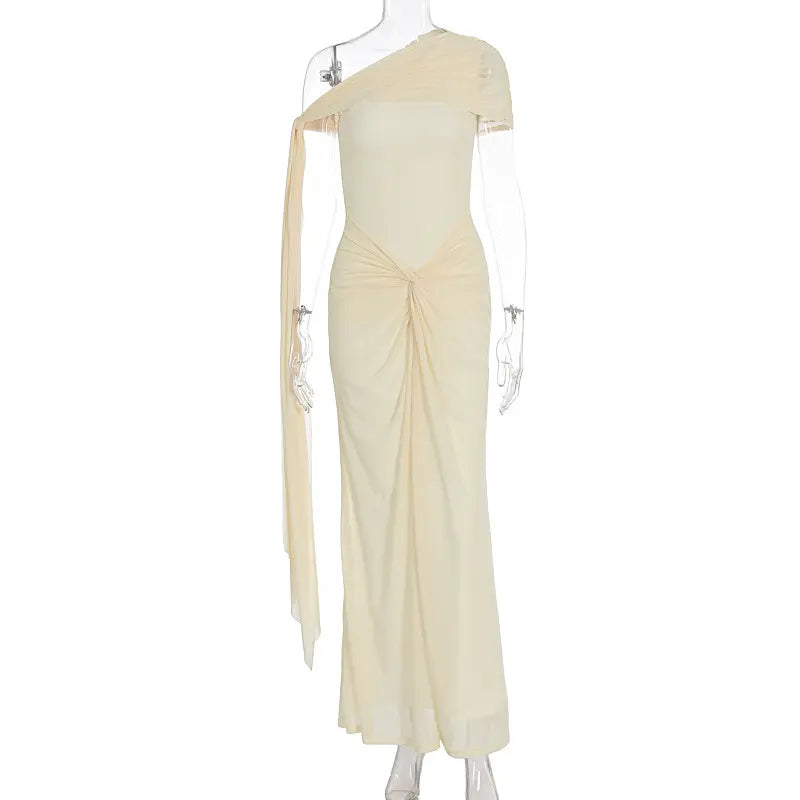 Ivory Draped Mesh One Shoulder Maternity Mermaid Gown with Flowing Sash