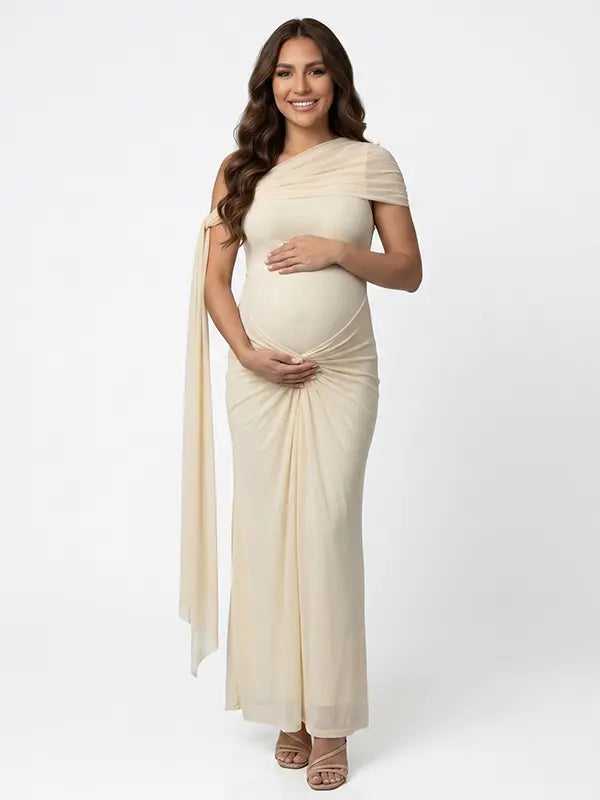 Ivory Draped Mesh One Shoulder Maternity Mermaid Gown with Flowing Sash