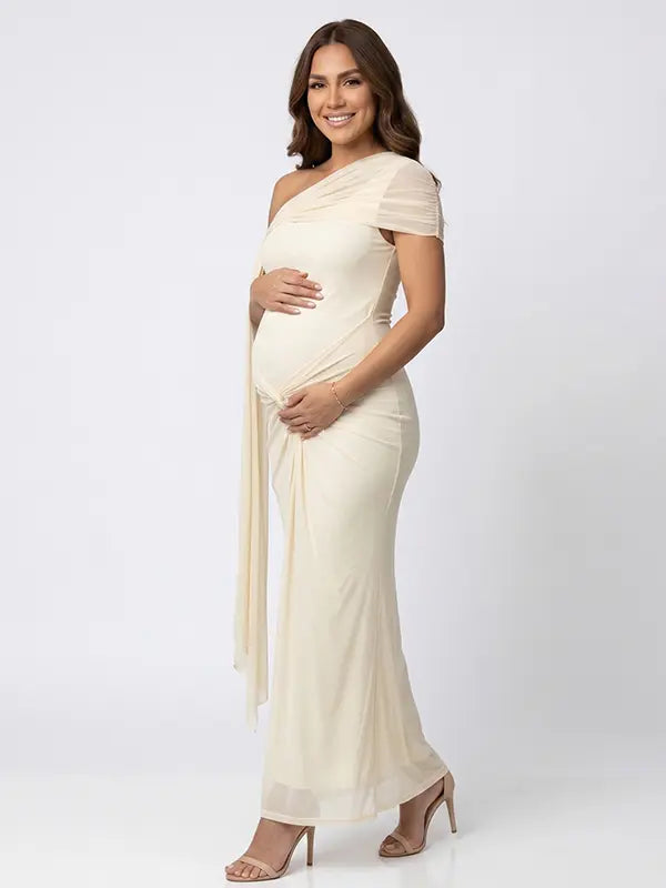 Ivory Draped Mesh One Shoulder Maternity Mermaid Gown with Flowing Sash