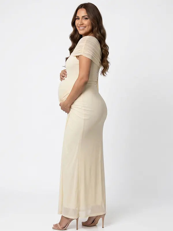 Ivory Draped Mesh One Shoulder Maternity Mermaid Gown with Flowing Sash