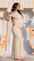 Ivory Draped Mesh One Shoulder Maternity Mermaid Gown with Flowing Sash