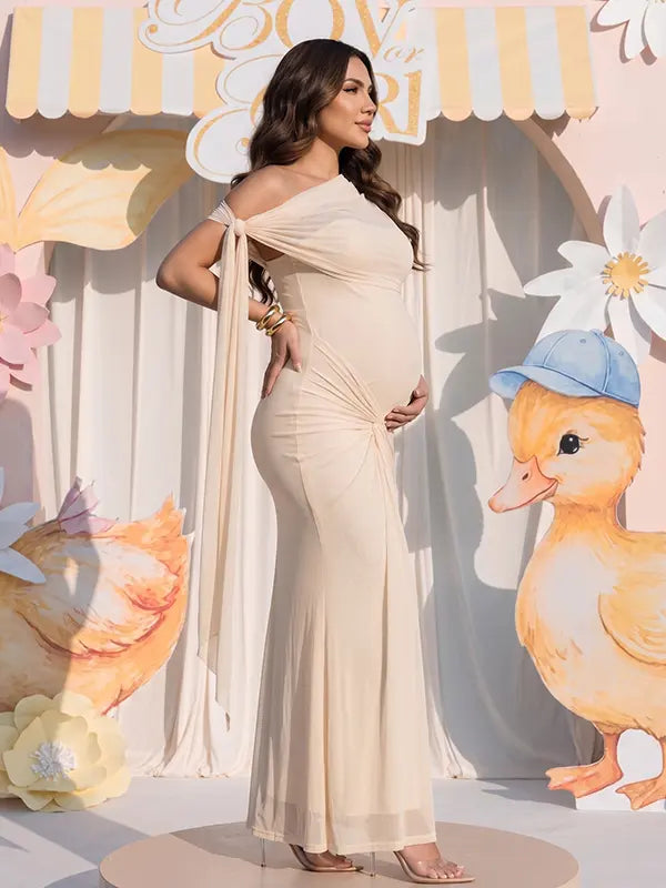 Ivory Draped Mesh One Shoulder Maternity Mermaid Gown with Flowing Sash