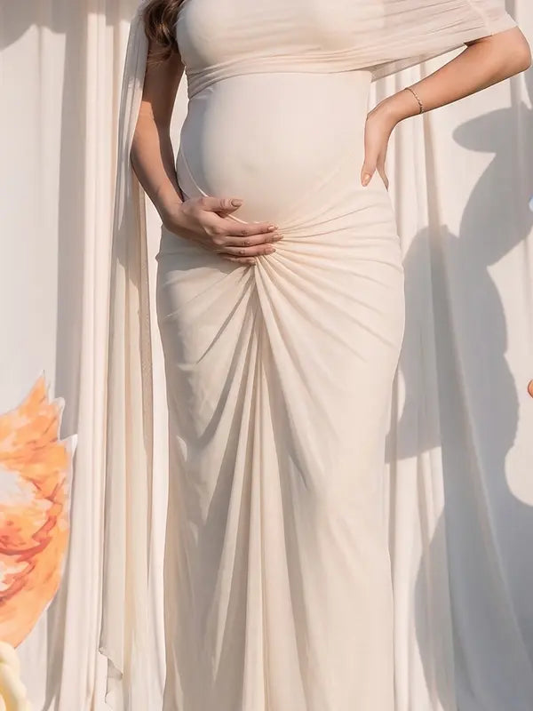 Ivory Draped Mesh One Shoulder Maternity Mermaid Gown with Flowing Sash