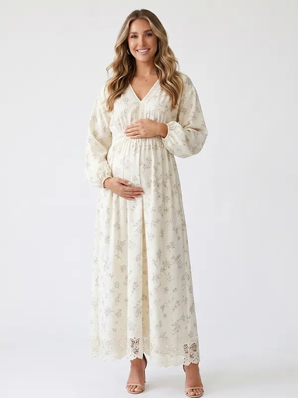 Ivory Floral Maternity Dress, Boho Pregnancy Maxi Dress for Baby Shower, Maternity Photoshoot, Pregnancy Announcement, Garden Events | Bumplook