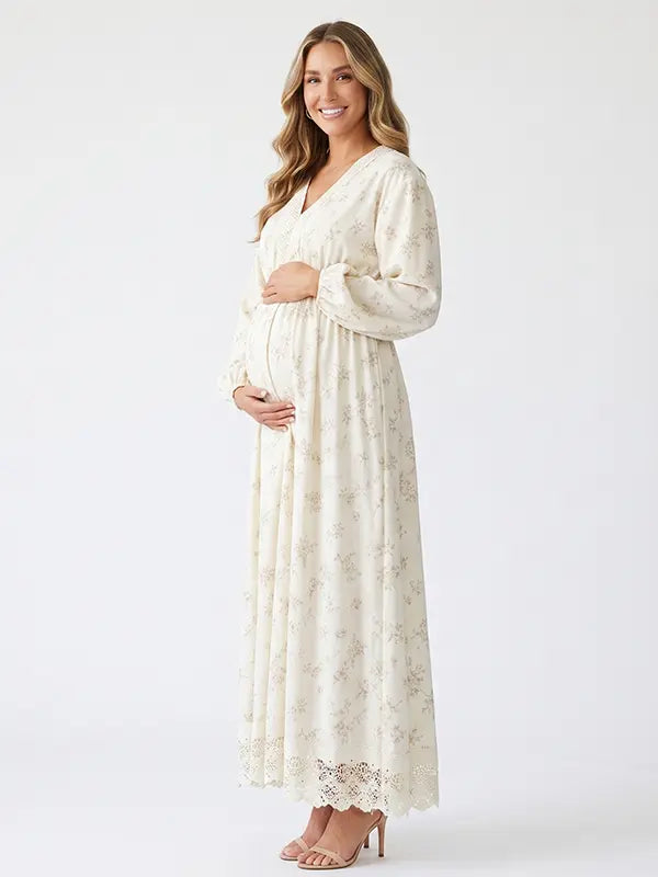 Ivory Floral Long Sleeve Maternity Dress, V-Neck Boho Pregnancy Maxi Dress with Lace Trim for Baby Shower and Maternity Photoshoot | Bumplook