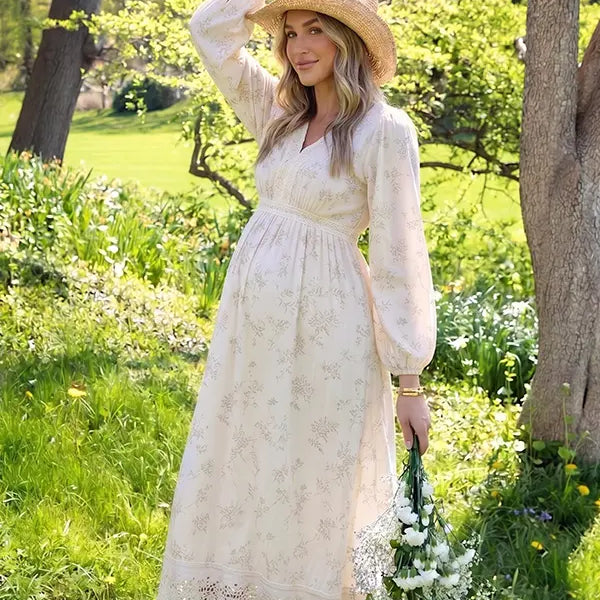 Ivory Floral Maternity Dress, Boho Pregnancy Maxi Dress for Baby Shower, Maternity Photoshoot, Pregnancy Announcement, Garden Events | Bumplook