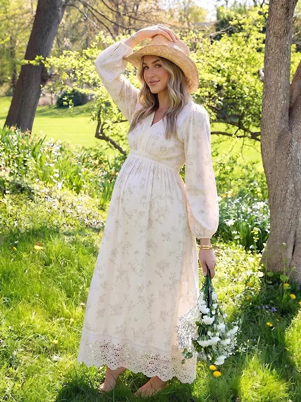 Ivory Floral Maternity Dress, Boho Pregnancy Maxi Dress for Baby Shower, Maternity Photoshoot, Pregnancy Announcement, Garden Events | Bumplook