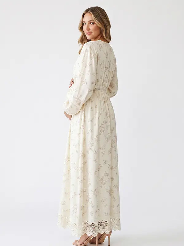 Cream Floral Boho Maternity Maxi Dress, Long Sleeve Pregnancy Dress with Lace Trim for Maternity Photoshoot and Baby Shower | Bumplook
