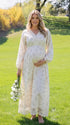 Ivory Floral Long Sleeve Maternity Dress, V-Neck Boho Pregnancy Maxi Dress with Lace Trim for Baby Shower and Maternity Photoshoot | Bumplook