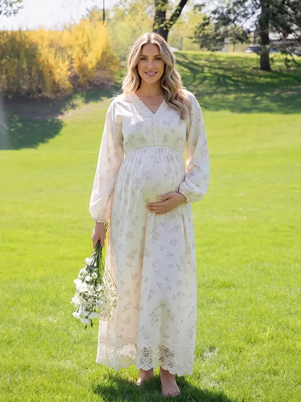 Ivory Floral Long Sleeve Maternity Dress, V-Neck Boho Pregnancy Maxi Dress with Lace Trim for Baby Shower and Maternity Photoshoot | Bumplook