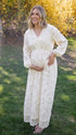 Cream Floral Boho Maternity Maxi Dress, Long Sleeve Pregnancy Dress with Lace Trim for Maternity Photoshoot and Baby Shower | Bumplook