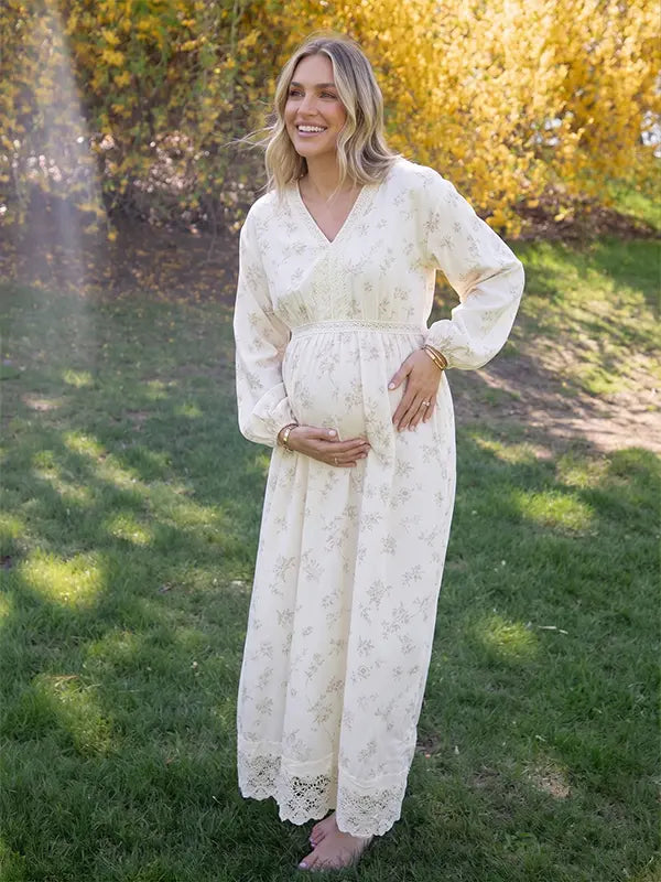 Cream Floral Boho Maternity Maxi Dress, Long Sleeve Pregnancy Dress with Lace Trim for Maternity Photoshoot and Baby Shower | Bumplook
