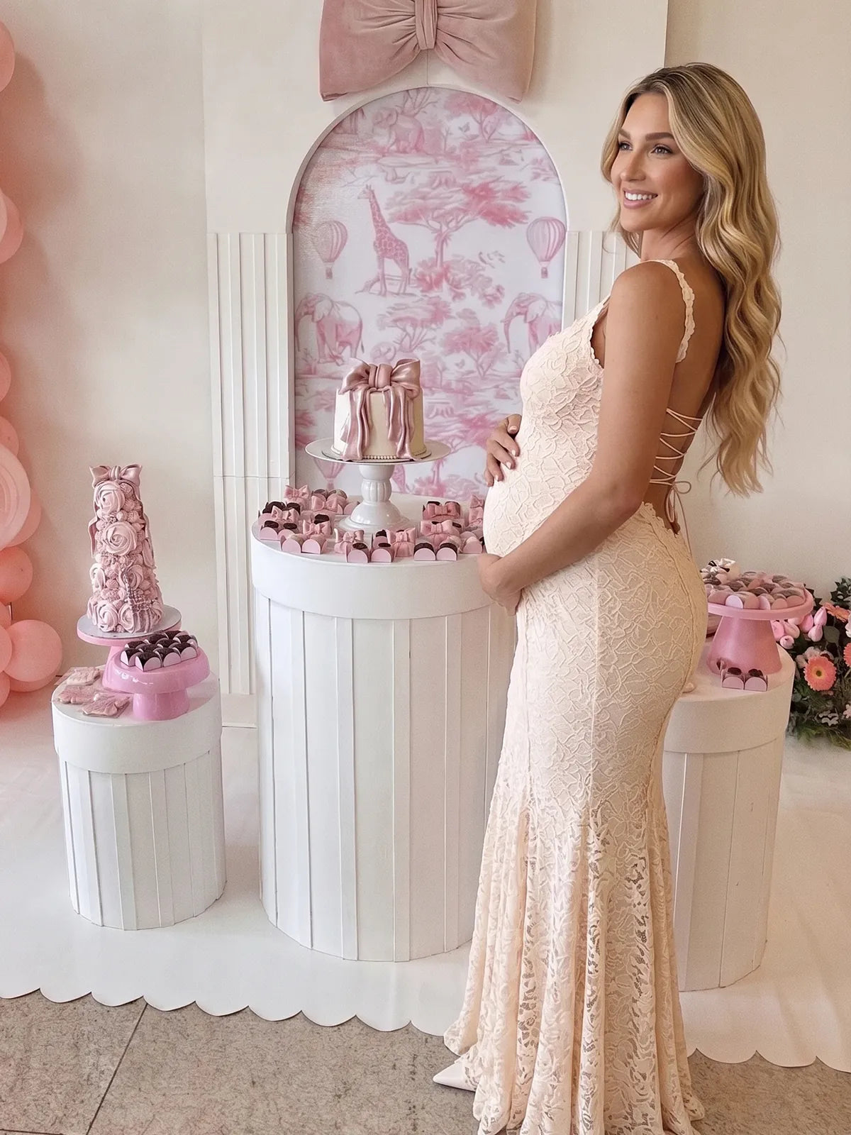 Ivory Lace Pregnancy Dress with Floor Length Flared Hem | Bumplook