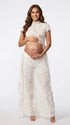 Ivory Lace Two Piece Maternity Photoshoot Pants Set with High Neck Crop Top, Open Belly Design and Wide Leg Pants for Pregnancy Announcement, Studio Portrait, Baby Shower and Fine Art Maternity Photography | Bumplook