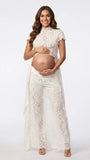 Ivory Lace Two Piece Maternity Photoshoot Pants Set with High Neck Crop Top, Open Belly Design and Wide Leg Pants for Pregnancy Announcement, Studio Portrait, Baby Shower and Fine Art Maternity Photography | Bumplook