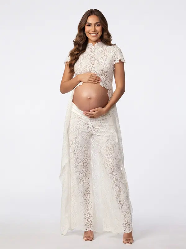 Ivory Lace Two Piece Maternity Photoshoot Pants Set with High Neck Crop Top, Open Belly Design and Wide Leg Pants for Pregnancy Announcement, Studio Portrait, Baby Shower and Fine Art Maternity Photography | Bumplook
