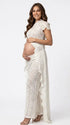 Ivory Lace Two Piece Maternity Photoshoot Pants Set with High Neck Crop Top, Open Belly Design and Wide Leg Pants for Pregnancy Announcement, Studio Portrait, Baby Shower and Fine Art Maternity Photography | Bumplook