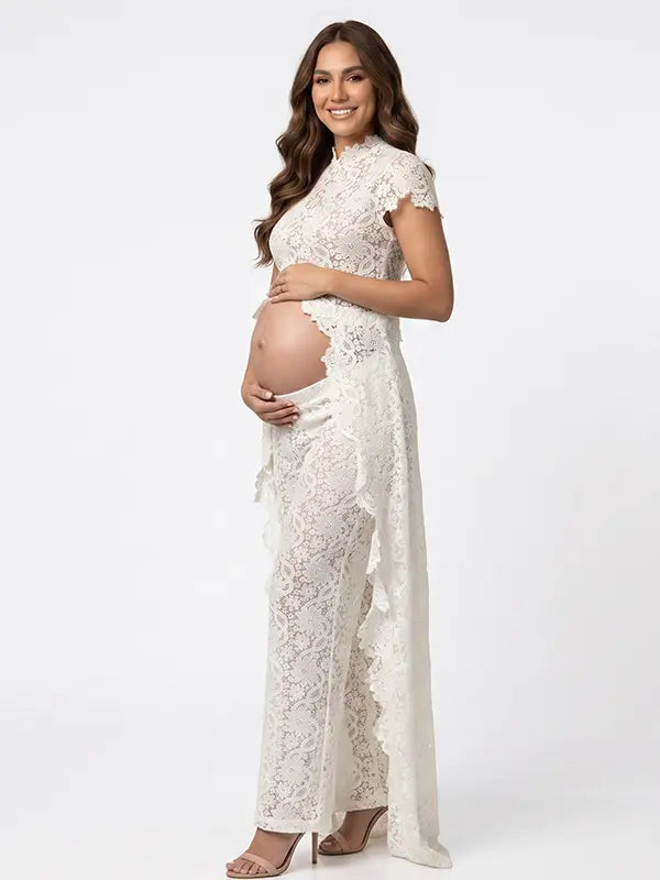 Ivory Lace Two Piece Maternity Photoshoot Pants Set with High Neck Crop Top, Open Belly Design and Wide Leg Pants for Pregnancy Announcement, Studio Portrait, Baby Shower and Fine Art Maternity Photography | Bumplook