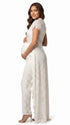 Ivory Lace Two Piece Maternity Photoshoot Pants Set with High Neck Crop Top, Open Belly Design and Wide Leg Pants for Pregnancy Announcement, Studio Portrait, Baby Shower and Fine Art Maternity Photography | Bumplook
