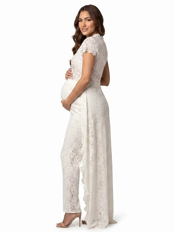 Ivory Lace Two Piece Maternity Photoshoot Pants Set with High Neck Crop Top, Open Belly Design and Wide Leg Pants for Pregnancy Announcement, Studio Portrait, Baby Shower and Fine Art Maternity Photography | Bumplook