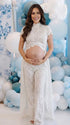 Ivory Lace Two Piece Maternity Photoshoot Pants Set with High Neck Crop Top, Open Belly Design and Wide Leg Pants for Pregnancy Announcement, Studio Portrait, Baby Shower and Fine Art Maternity Photography | Bumplook