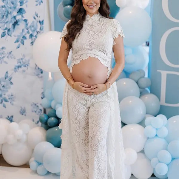 Ivory Lace Two Piece Maternity Photoshoot Pants Set with High Neck Crop Top, Open Belly Design and Wide Leg Pants for Pregnancy Announcement, Studio Portrait, Baby Shower and Fine Art Maternity Photography | Bumplook